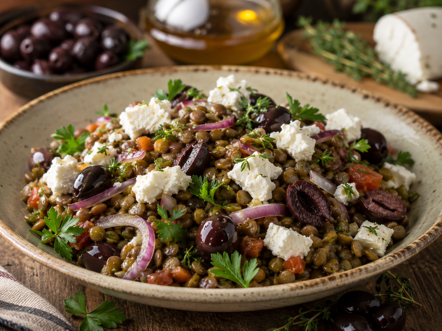 Elma Sirkeli Ilık Mercimek Salatası, Gemlik Zeytin ve Keçi Peyniri